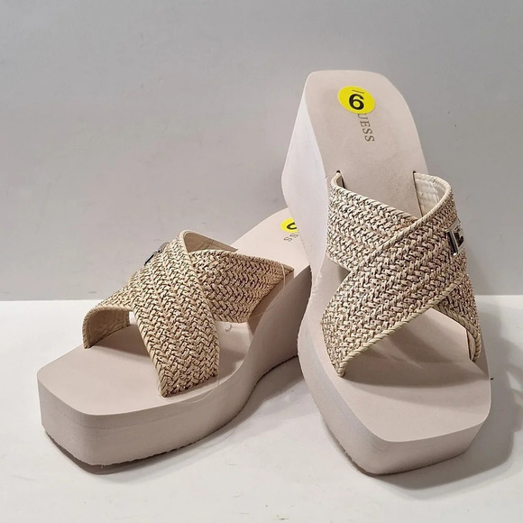 Guess "NEW" Coquette Beige Tan Metallic Crossover Strap Wedge Platform Sandal *9 - Picture 2 of 13